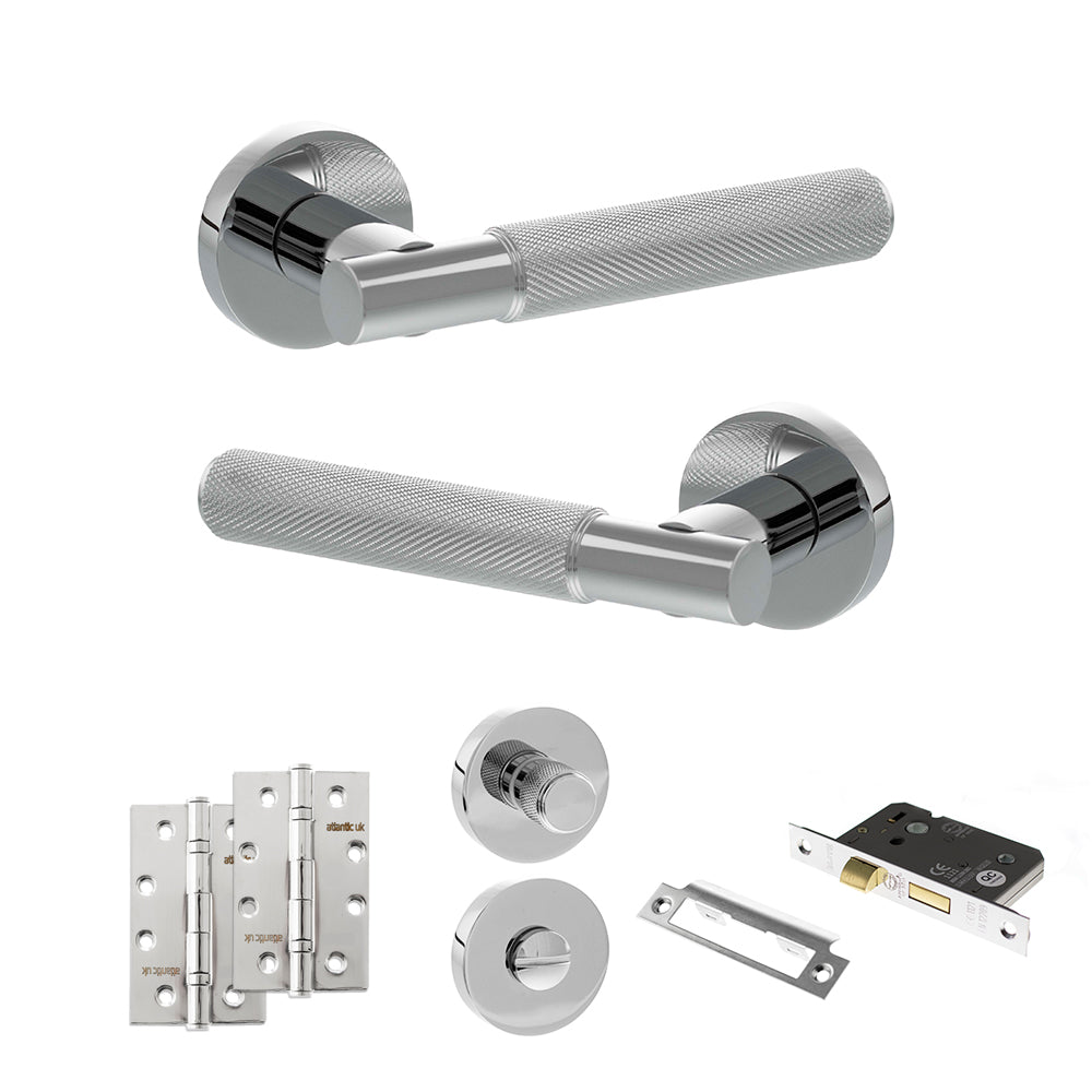 Quality image of Senza Pari Rosarno Door Handle Pack (Bathroom Set - 3" CE Bathroom Lock, 4" Slim Knuckle Hinges x2) - Polished Chrome | Sku. adpspr170pc13 | available from Trade Door Handles.