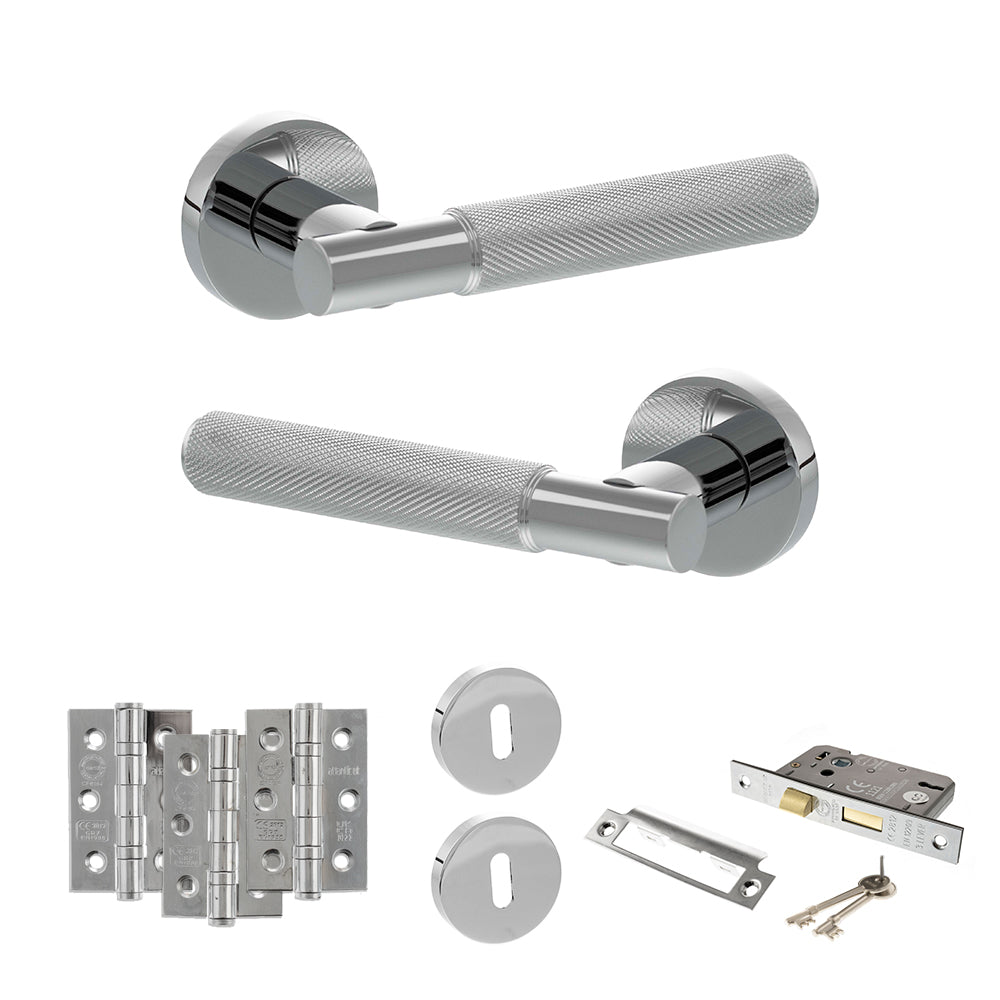Quality image of Senza Pari Rosarno Door Handle Pack (3 Lever Lock Set - 2.5" CE Sashlock, 3" Fire Rated Hinges x3) - Polished Chrome | Sku. adpspr170pc14 | available from Trade Door Handles.