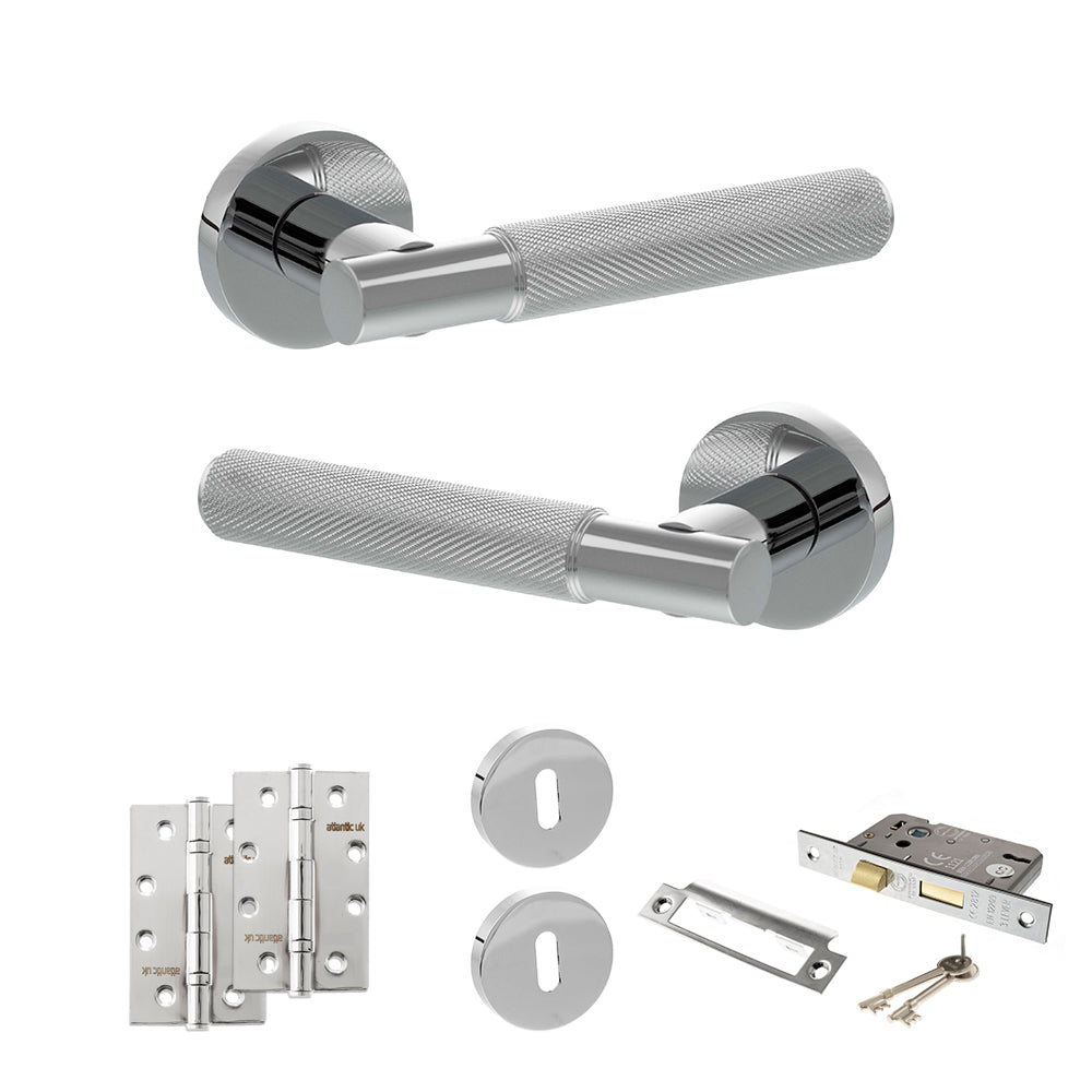 Quality image of Senza Pari Rosarno Door Handle Pack (3 Lever Lock Set - 2.5" CE Sashlock, 4" Slim Knuckle Hinges x2) - Polished Chrome | Sku. adpspr170pc18 | available from Trade Door Handles.