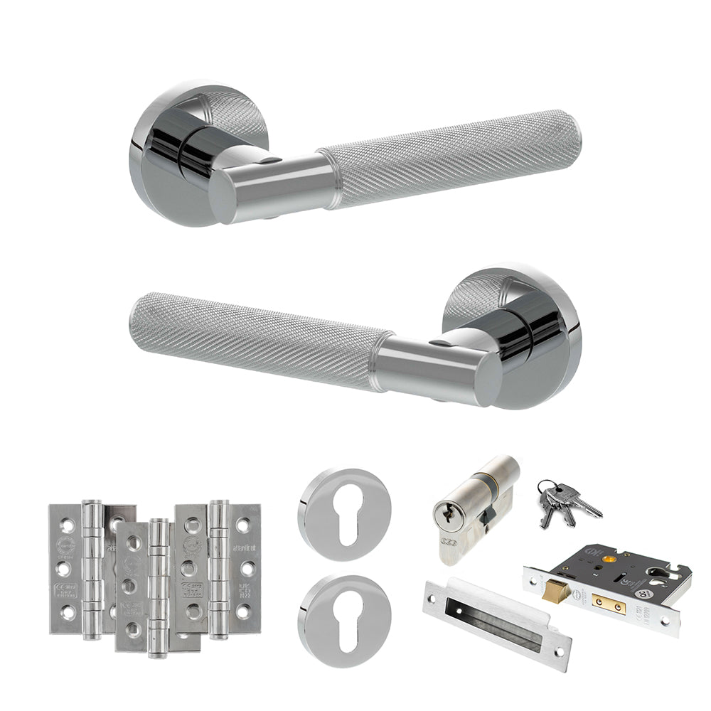 Quality image of Senza Pari Rosarno Door Handle Pack (Euro Lock Set - 2.5" CE Sashlock, 3" Fire Rated Hinges x3) - Polished Chrome | Sku. adpspr170pc20 | available from Trade Door Handles.