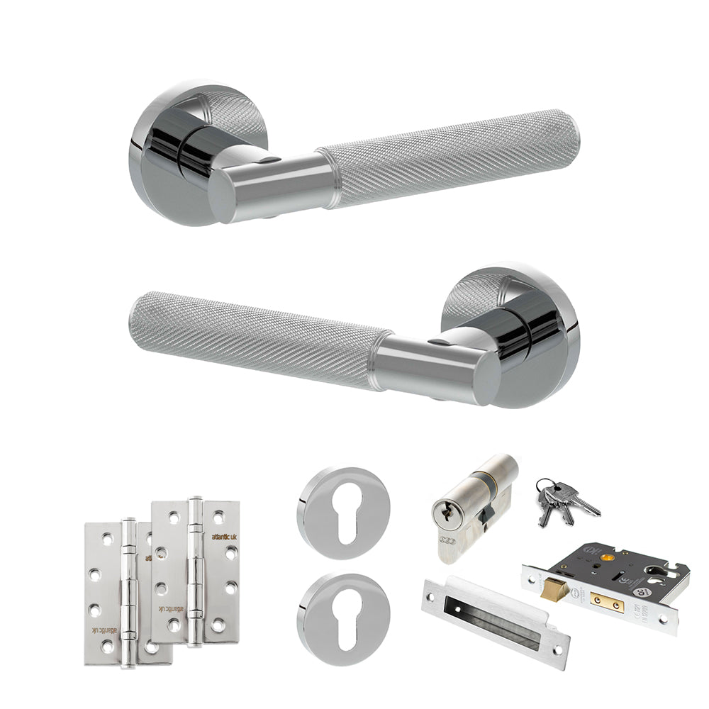 Quality image of Senza Pari Rosarno Door Handle Pack (Euro Lock Set - 3" CE Sashlock, 4" Slim Knuckle Hinges x2) - Polished Chrome | Sku. adpspr170pc25 | available from Trade Door Handles.