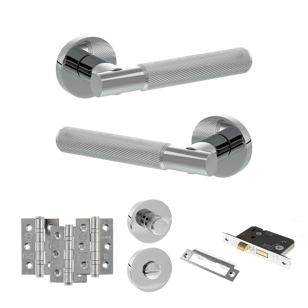 Quality image of Senza Pari Rosarno Door Handle Pack (Bathroom Set - 2.5" CE Bathroom Lock, 3" Fire Rated Hinges x3) - Polished Chrome | Sku. adpspr170pc8 | available from Trade Door Handles.