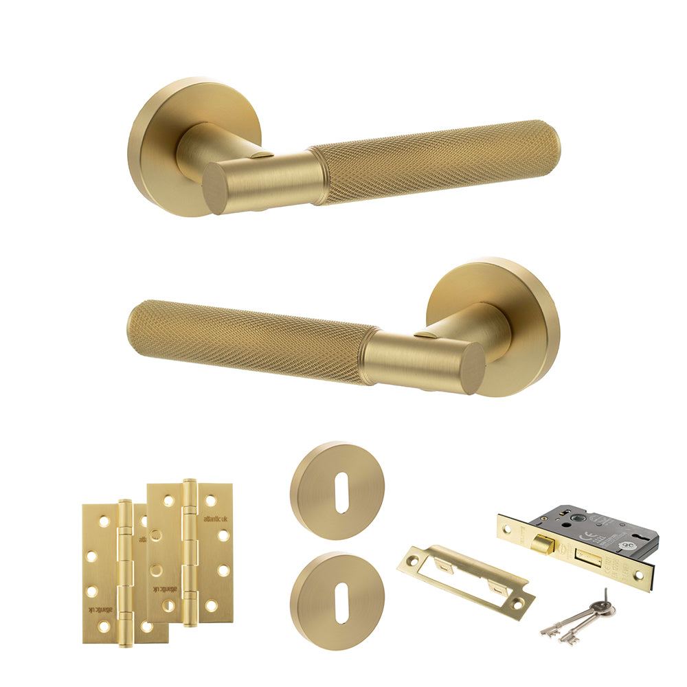 Quality image of Senza Pari Rosarno Door Handle Pack (3 Lever Lock Set - 2.5" CE Sashlock, 4" Slim Knuckle Hinges x2) - Satin Brass | Sku. adpspr170sb18 | available from Trade Door Handles.