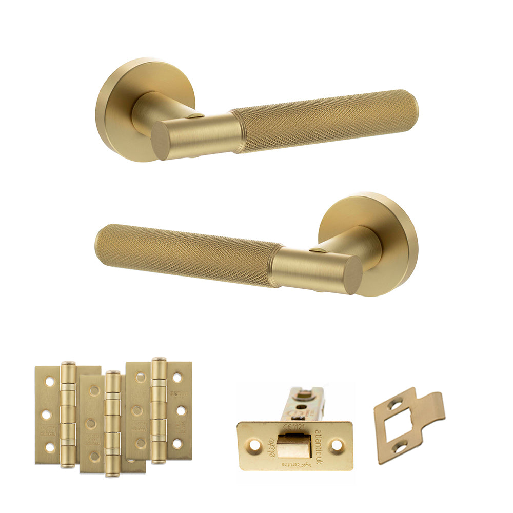Quality image of Senza Pari Rosarno Door Handle Pack (Latch Set - 3" CE Latch, 3" Fire Rated Hinges x3) - Satin Brass | Sku. adpspr170sb2 | available from Trade Door Handles.