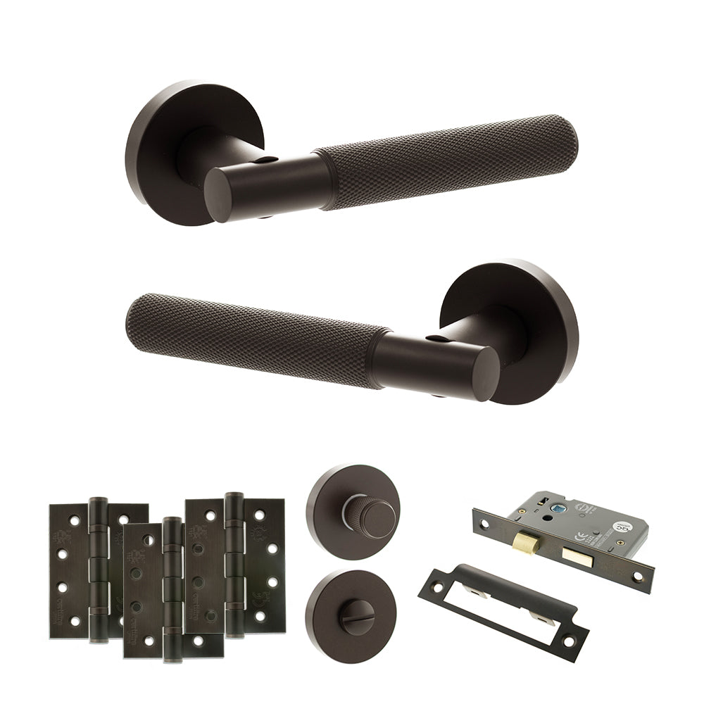 Quality image of Senza Pari Rosarno Door Handle Pack (Bathroom Set - 3" CE Bathroom Lock, 4" Fire Rated Hinges x3) - Urban Dark Bronze | Sku. adpspr170udb11 | available from Trade Door Handles.