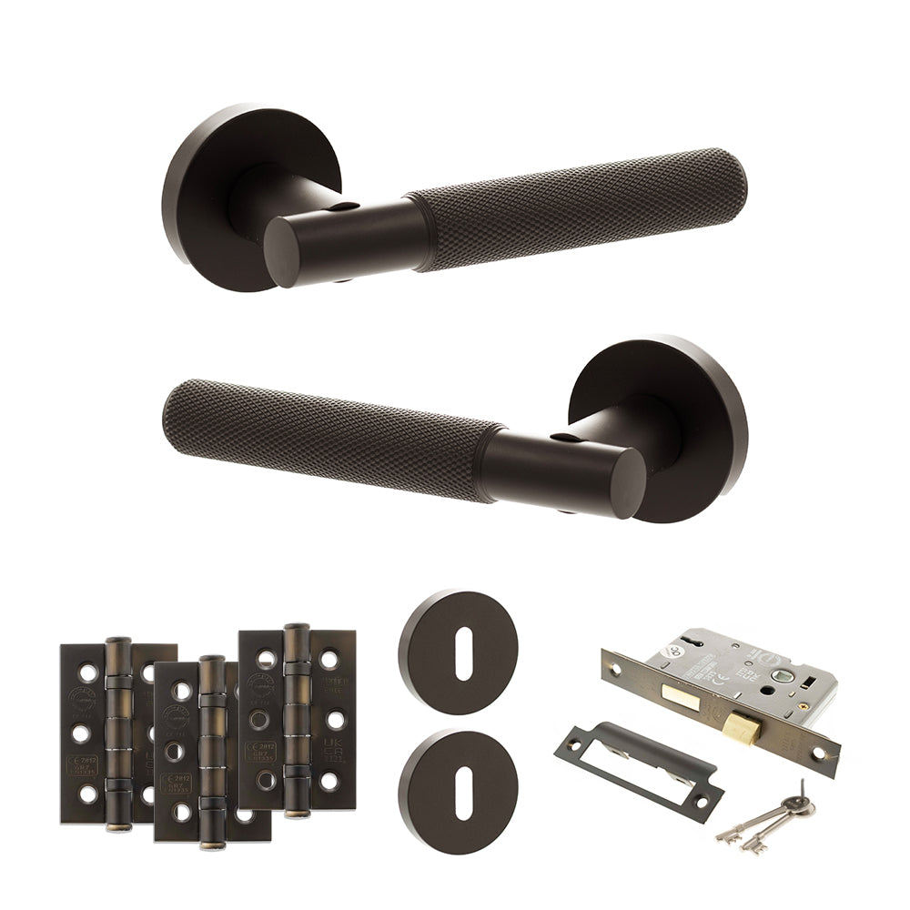 Quality image of Senza Pari Rosarno Door Handle Pack (3 Lever Lock Set - 2.5" CE Sashlock, 3" Fire Rated Hinges x3) - Urban Dark Bronze | Sku. adpspr170udb14 | available from Trade Door Handles.