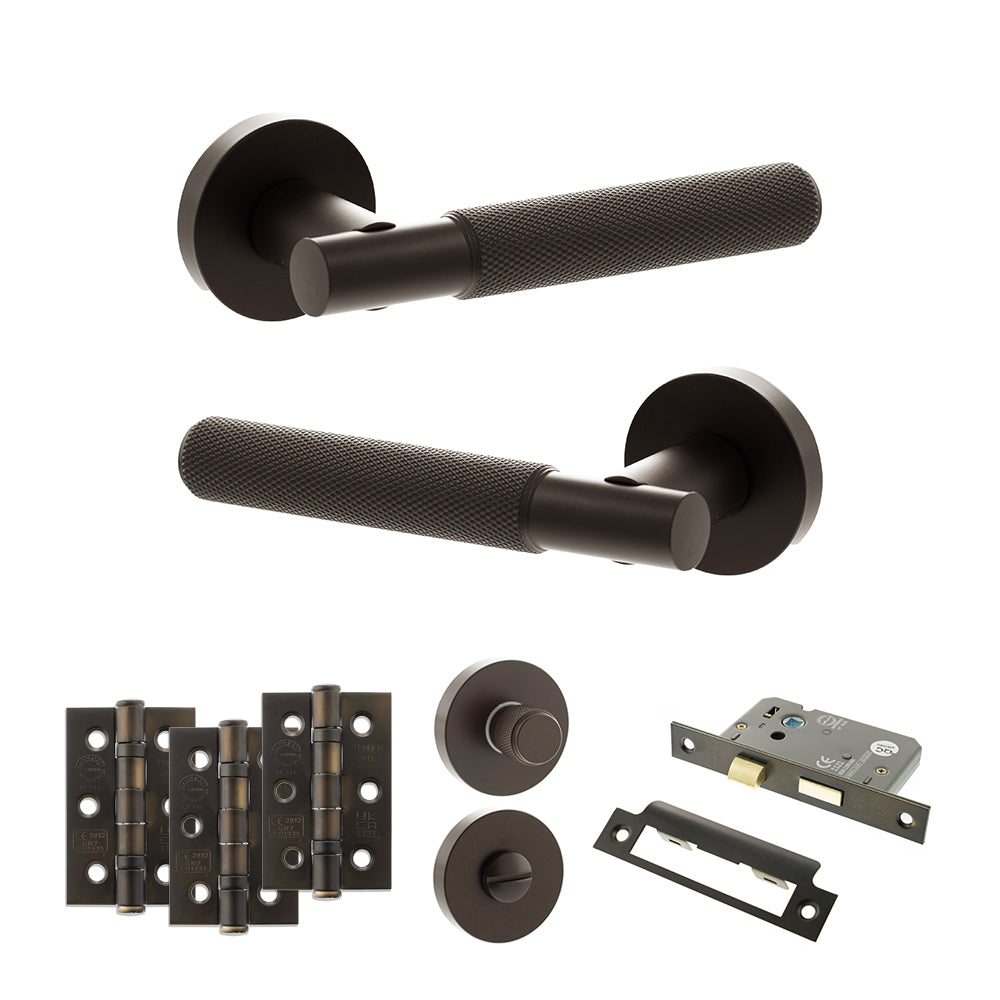 Quality image of Senza Pari Rosarno Door Handle Pack (Bathroom Set - 3" CE Bathroom Lock, 3" Fire Rated Hinges x3) - Urban Dark Bronze | Sku. adpspr170udb9 | available from Trade Door Handles.