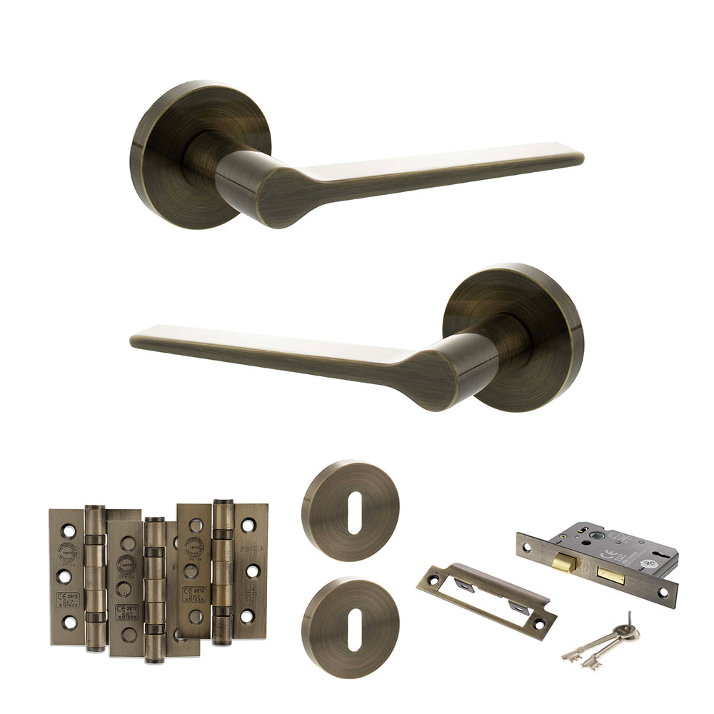 Quality image of Senza Pari Laviano Door Handle Pack (3 Lever Lock Set - 3" CE Sashlock, 3" Fire Rated Hinges x3) - Antique Brass | Sku. adpspr180ab15 | available from Trade Door Handles.
