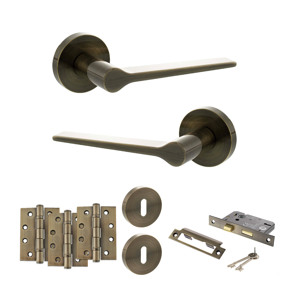 Quality image of Senza Pari Laviano Door Handle Pack (3 Lever Lock Set - 2.5" CE Sashlock, 4" Fire Rated Hinges x3) - Antique Brass | Sku. adpspr180ab16 | available from Trade Door Handles.