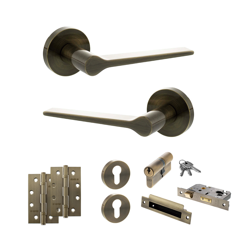 Quality image of Senza Pari Laviano Door Handle Pack (Euro Lock Set - 3" CE Sashlock, 4" Slim Knuckle Hinges x2) - Antique Brass | Sku. adpspr180ab25 | available from Trade Door Handles.