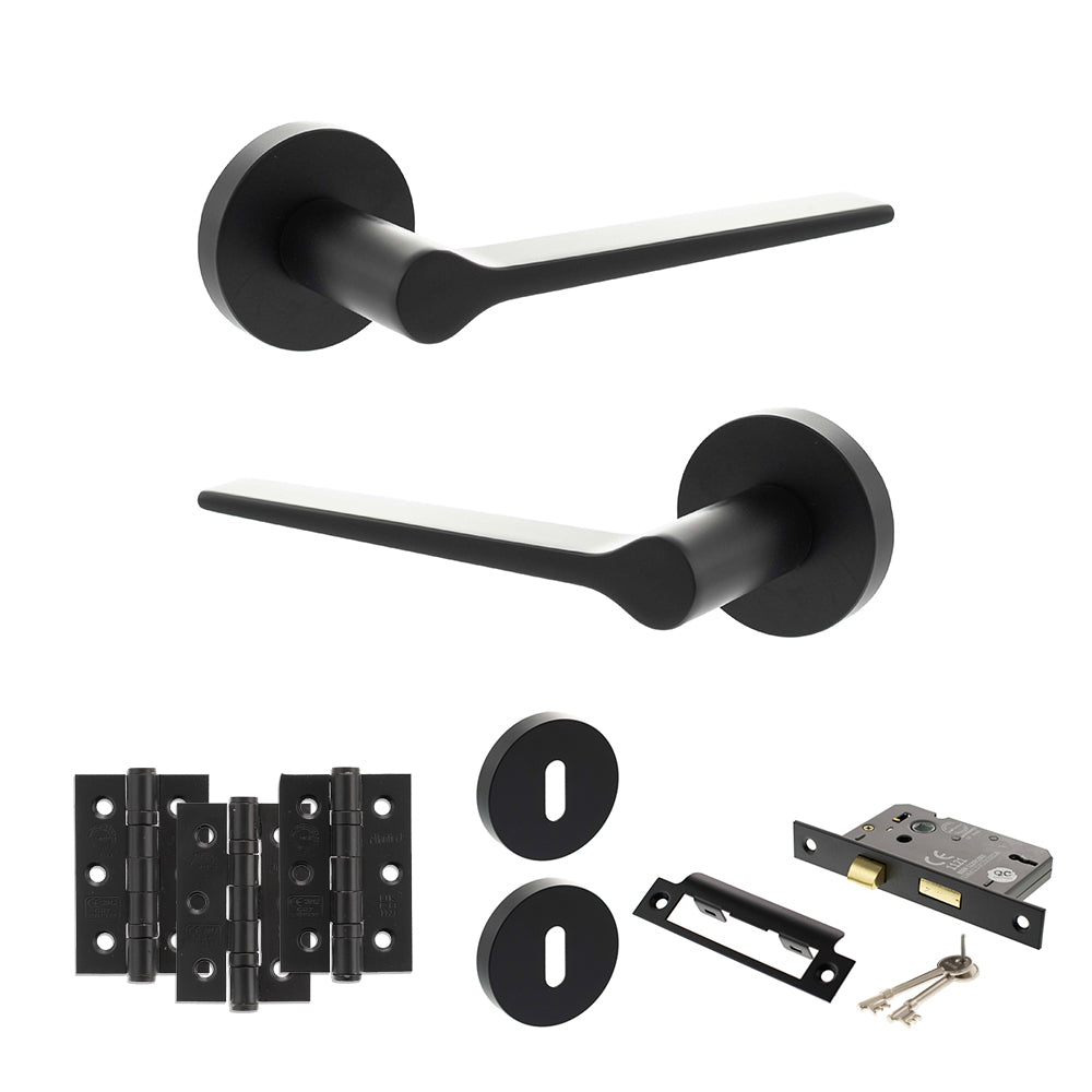 Quality image of Senza Pari Laviano Door Handle Pack (3 Lever Lock Set - 2.5" CE Sashlock, 3" Fire Rated Hinges x3) - Matt Black | Sku. adpspr180mb14 | available from Trade Door Handles.
