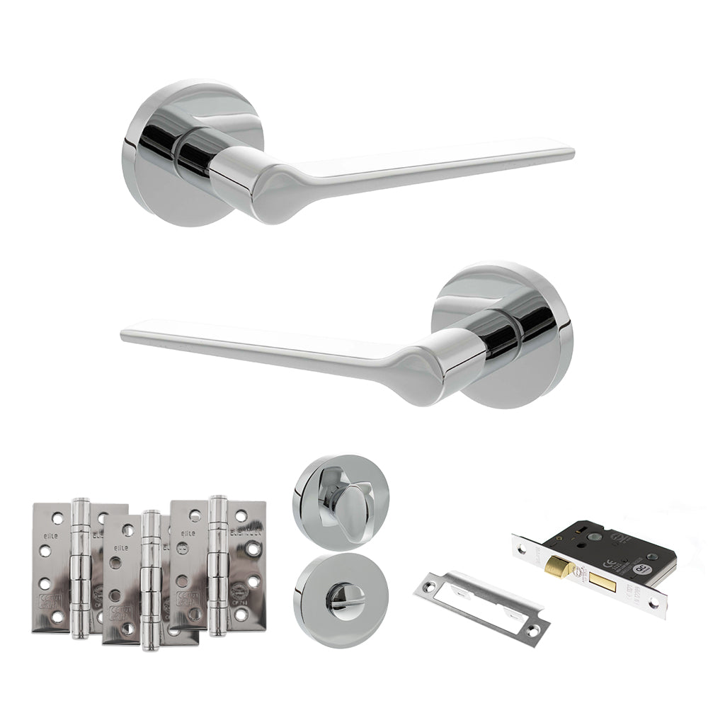 Quality image of Senza Pari Laviano Door Handle Pack (Bathroom Set - 3" CE Bathroom Lock, 4" Fire Rated Hinges x3) - Polished Chrome | Sku. adpspr180pc11 | available from Trade Door Handles.