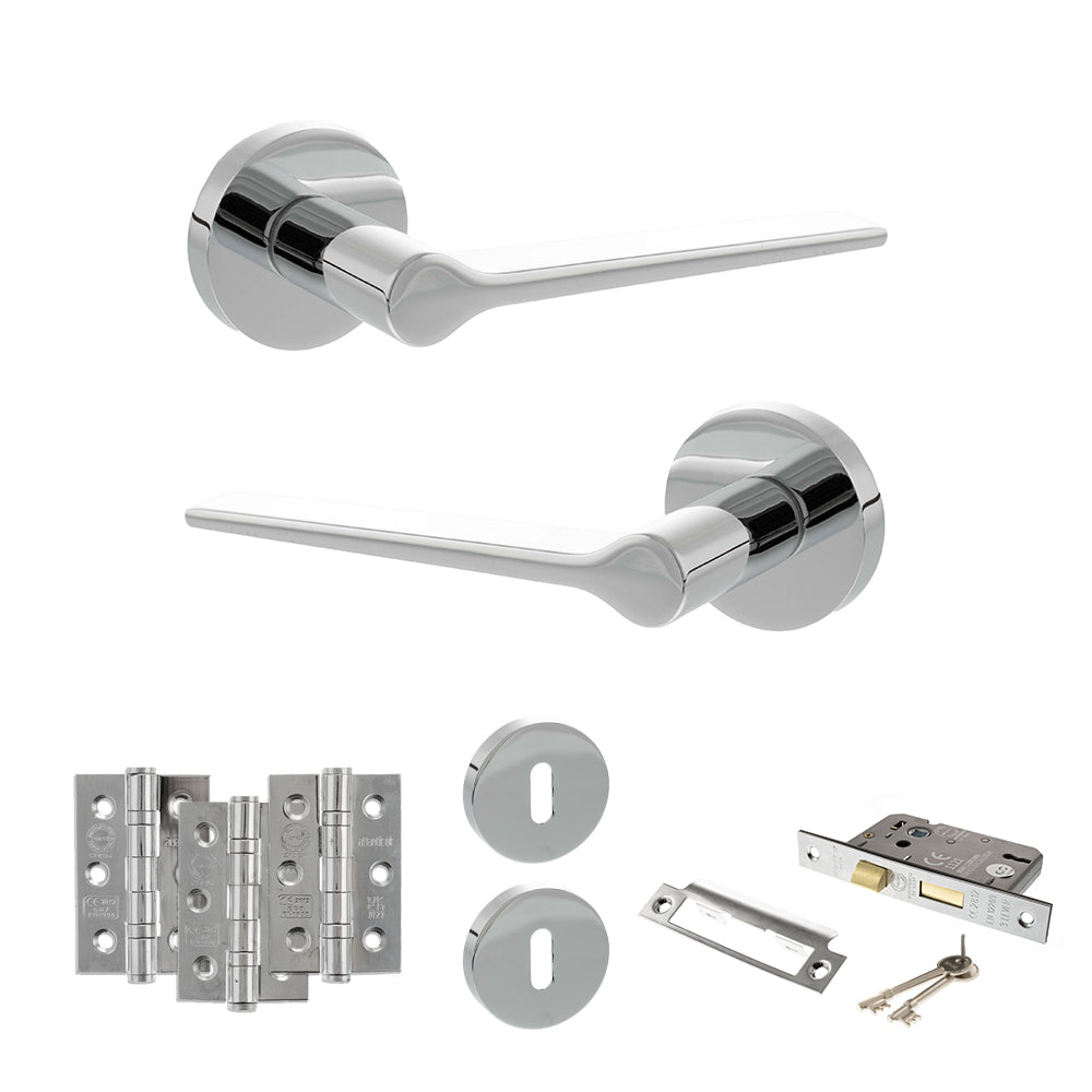 Quality image of Senza Pari Laviano Door Handle Pack (3 Lever Lock Set - 2.5" CE Sashlock, 3" Fire Rated Hinges x3) - Polished Chrome | Sku. adpspr180pc14 | available from Trade Door Handles.