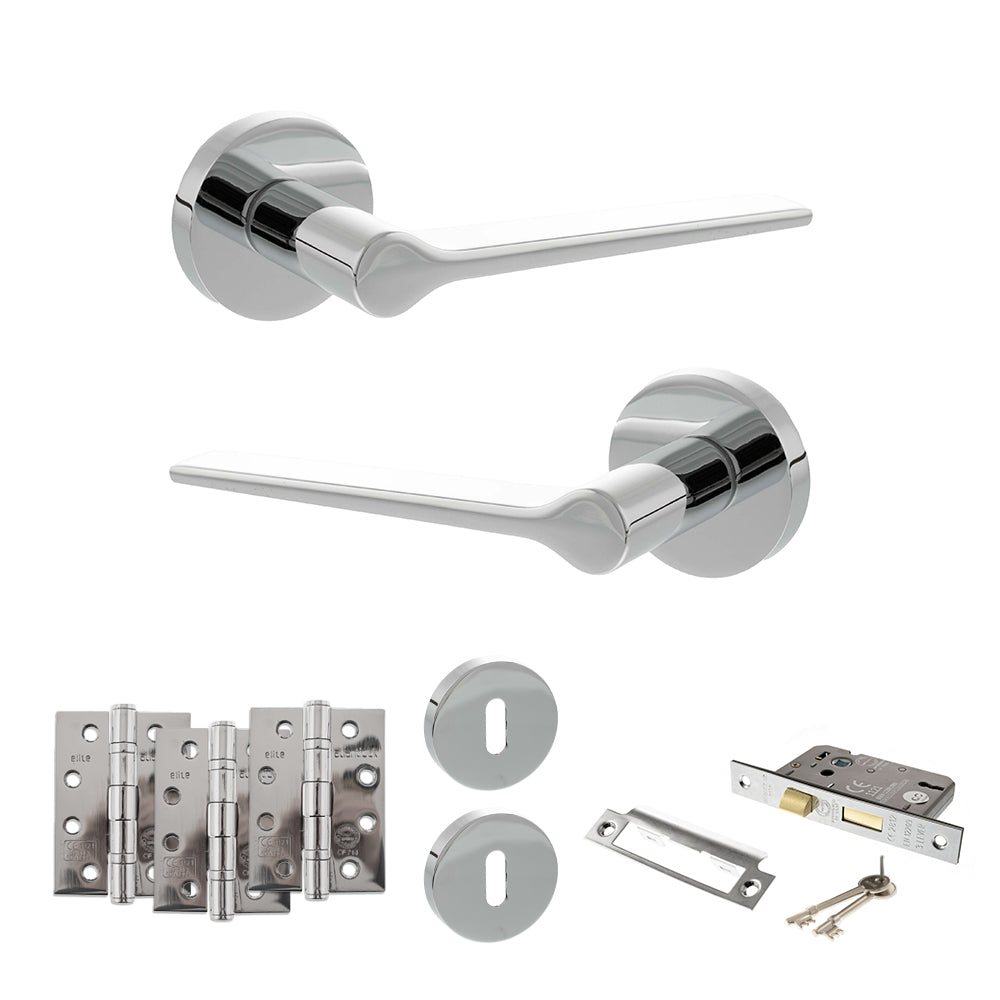 Quality image of Senza Pari Laviano Door Handle Pack (3 Lever Lock Set - 3" CE Sashlock, 4" Fire Rated Hinges x3) - Polished Chrome | Sku. adpspr180pc17 | available from Trade Door Handles.