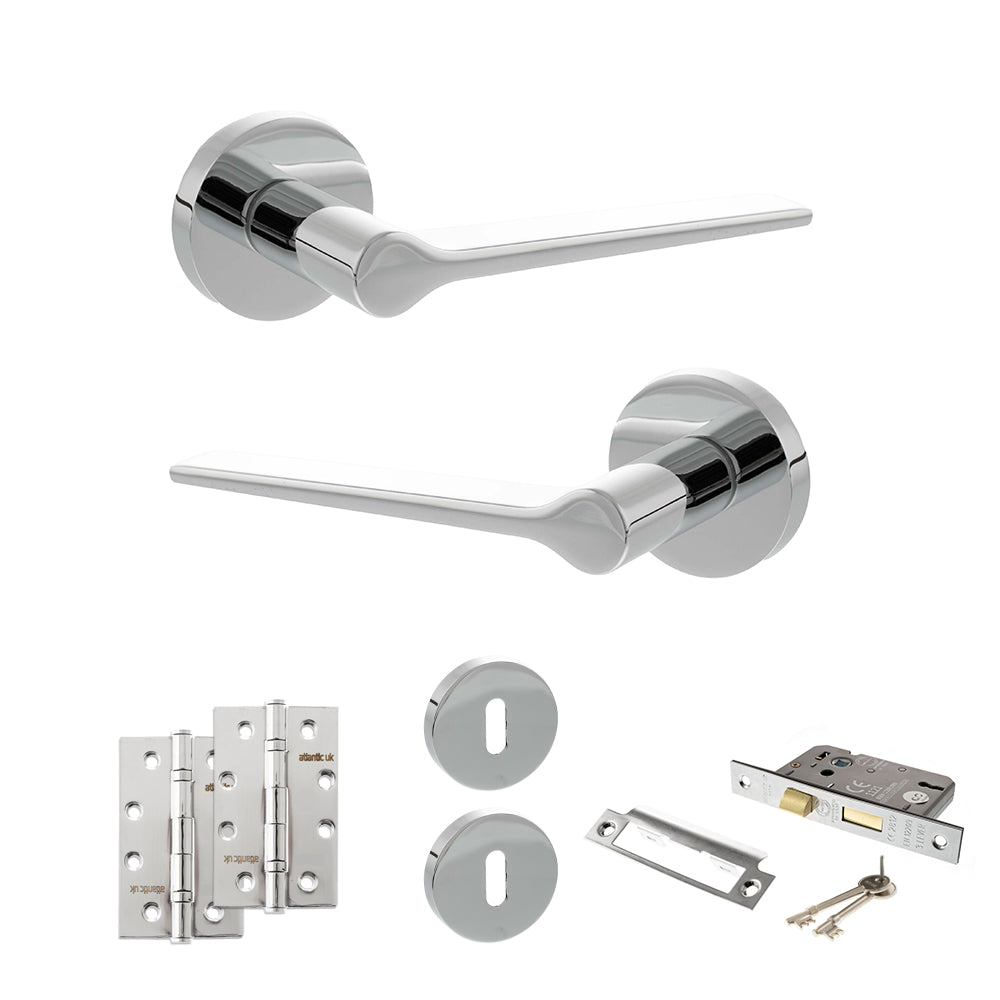 Quality image of Senza Pari Laviano Door Handle Pack (3 Lever Lock Set - 2.5" CE Sashlock, 4" Slim Knuckle Hinges x2) - Polished Chrome | Sku. adpspr180pc18 | available from Trade Door Handles.