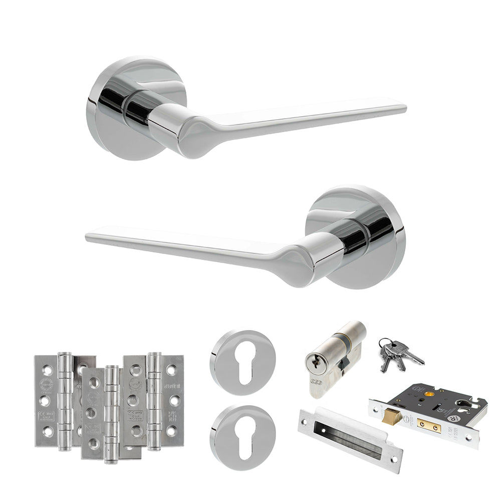 Quality image of Senza Pari Laviano Door Handle Pack (Euro Lock Set - 3" CE Sashlock, 3" Fire Rated Hinges x3) - Polished Chrome | Sku. adpspr180pc21 | available from Trade Door Handles.