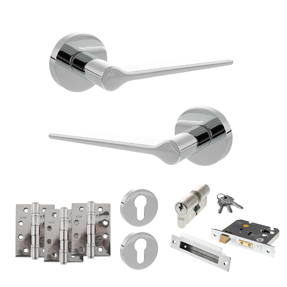Quality image of Senza Pari Laviano Door Handle Pack (Euro Lock Set - 3" CE Sashlock, 4" Fire Rated Hinges x3) - Polished Chrome | Sku. adpspr180pc23 | available from Trade Door Handles.
