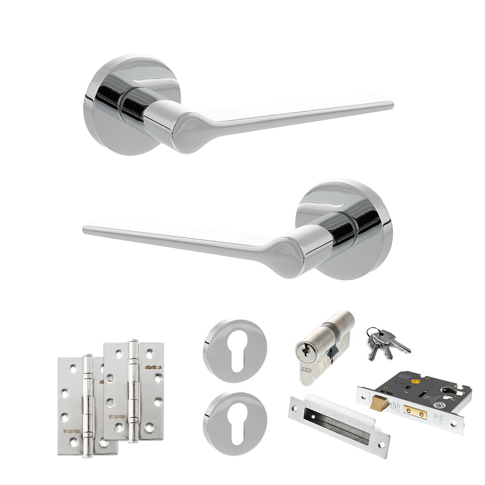 Quality image of Senza Pari Laviano Door Handle Pack (Euro Lock Set - 2.5" CE Sashlock, 4" Slim Knuckle Hinges x2) - Polished Chrome | Sku. adpspr180pc24 | available from Trade Door Handles.