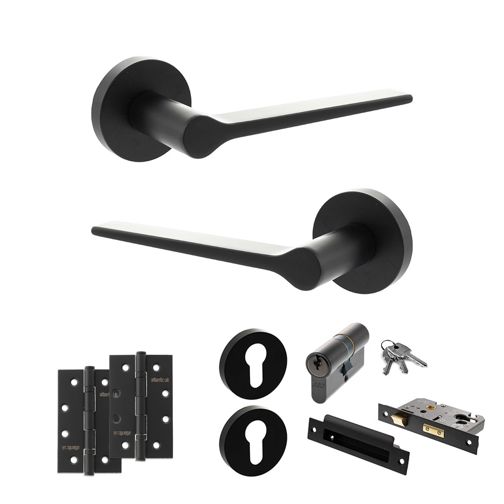 Quality image of Senza Pari Laviano Door Handle Pack (Euro Lock Set - 2.5" CE Sashlock, 4" Slim Knuckle Hinges x2) - Matt Black | Sku. adpspr180mb24 | available from Trade Door Handles.