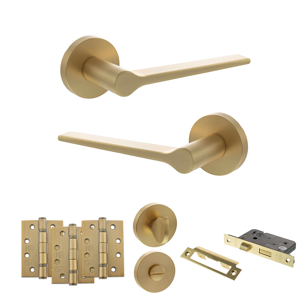 Quality image of Senza Pari Laviano Door Handle Pack (Bathroom Set - 2.5" CE Bathroom Lock, 4" Fire Rated Hinges x3) - Satin Brass | Sku. adpspr180sb10 | available from Trade Door Handles.