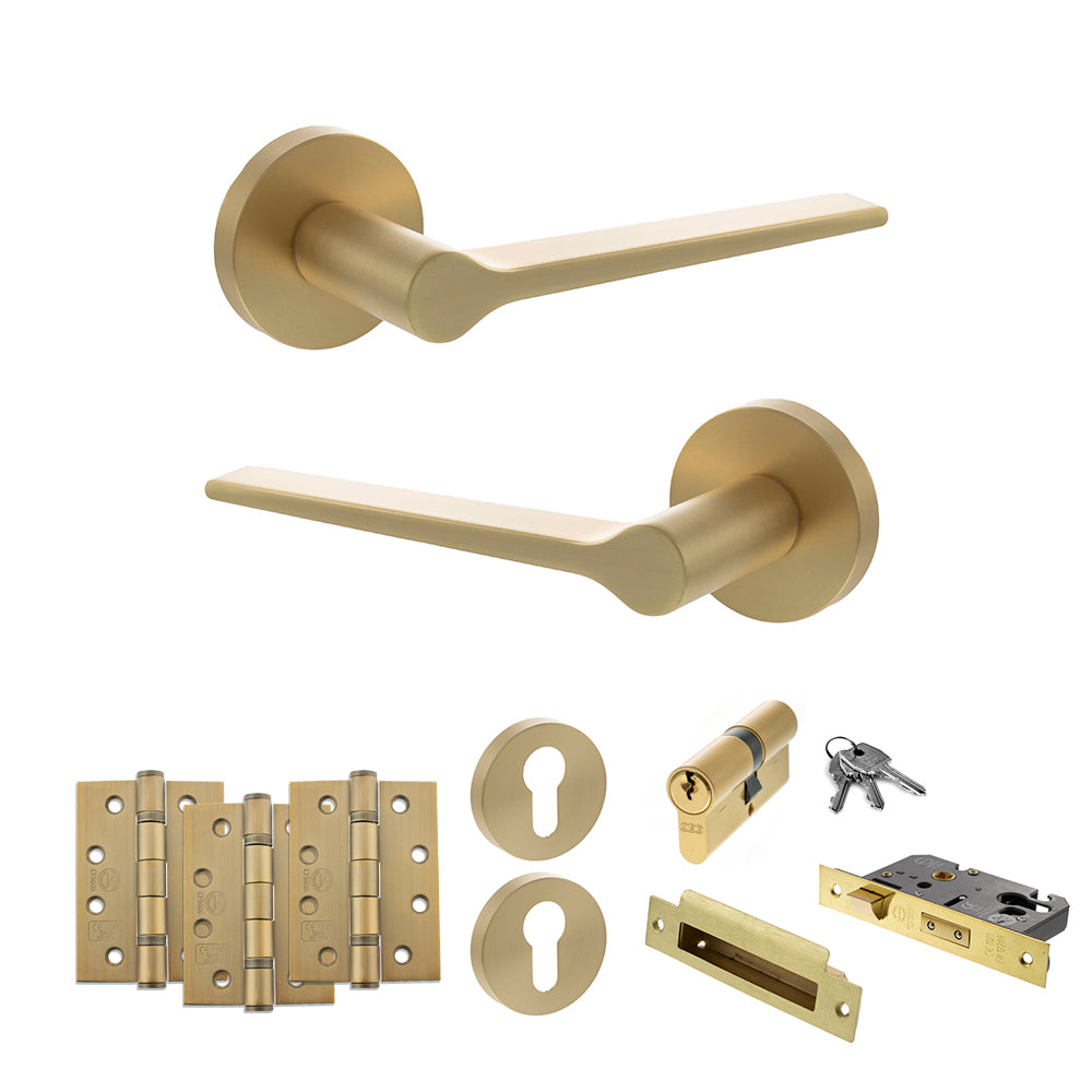 Quality image of Senza Pari Laviano Door Handle Pack (Euro Lock Set - 2.5" CE Sashlock, 4" Fire Rated Hinges x3) - Satin Brass | Sku. adpspr180sb22 | available from Trade Door Handles.