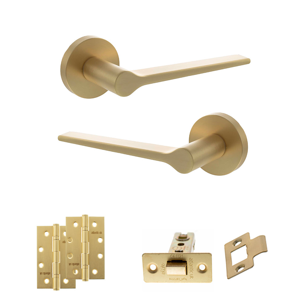 Quality image of Senza Pari Laviano Door Handle Pack (Latch Set - 3" CE Latch, 4" Slim Knuckle Hinges x2) - Satin Brass | Sku. adpspr180sb6 | available from Trade Door Handles.