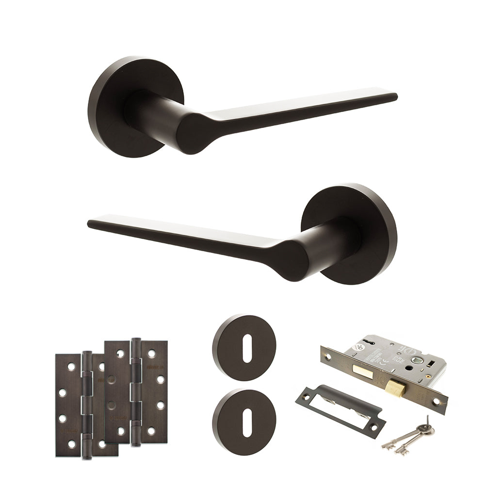 Quality image of Senza Pari Laviano Door Handle Pack (3 Lever Lock Set - 3" CE Sashlock, 4" Slim Knuckle Hinges x2) - Urban Dark Bronze | Sku. adpspr180udb19 | available from Trade Door Handles.