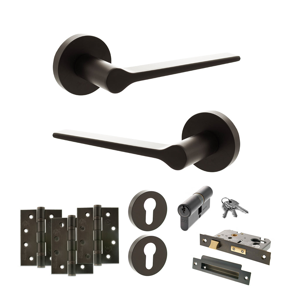 Quality image of Senza Pari Laviano Door Handle Pack (Euro Lock Set - 3" CE Sashlock, 4" Fire Rated Hinges x3) - Urban Dark Bronze | Sku. adpspr180udb23 | available from Trade Door Handles.