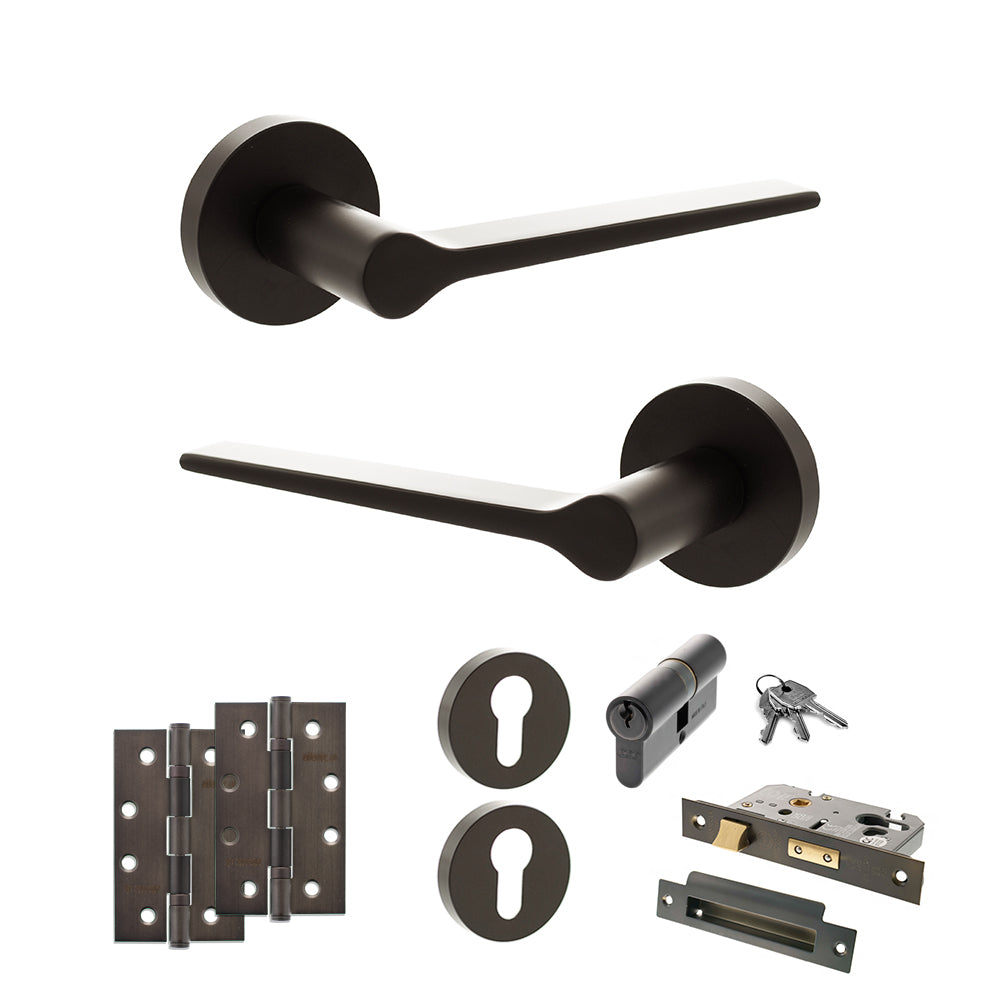 Quality image of Senza Pari Laviano Door Handle Pack (Euro Lock Set - 2.5" CE Sashlock, 4" Slim Knuckle Hinges x2) - Urban Dark Bronze | Sku. adpspr180udb24 | available from Trade Door Handles.