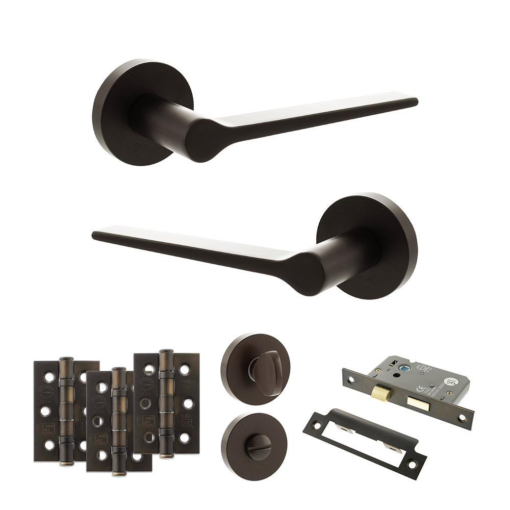 Quality image of Senza Pari Laviano Door Handle Pack (Bathroom Set - 2.5" CE Bathroom Lock, 3" Fire Rated Hinges x3) - Urban Dark Bronze | Sku. adpspr180udb8 | available from Trade Door Handles.