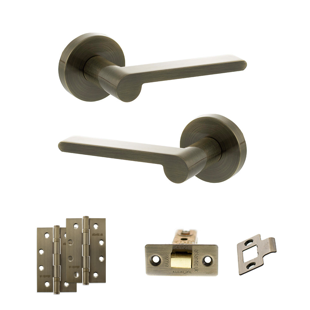Quality image of Senza Pari Darrio Door Handle Pack (Latch Set - 3" CE Latch, 4" Slim Knuckle Hinges x2) - Antique Brass | Sku. adpspro218ab6 | available from Trade Door Handles.