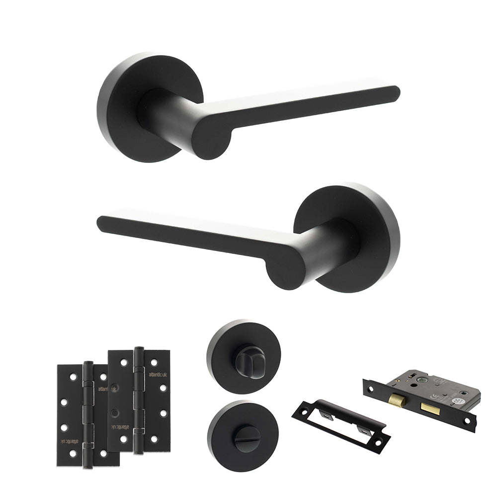 Quality image of Senza Pari Darrio Door Handle Pack (Bathroom Set - 3" CE Bathroom Lock, 4" Slim Knuckle Hinges x2) - Matt Black | Sku. adpspro218mb13 | available from Trade Door Handles.