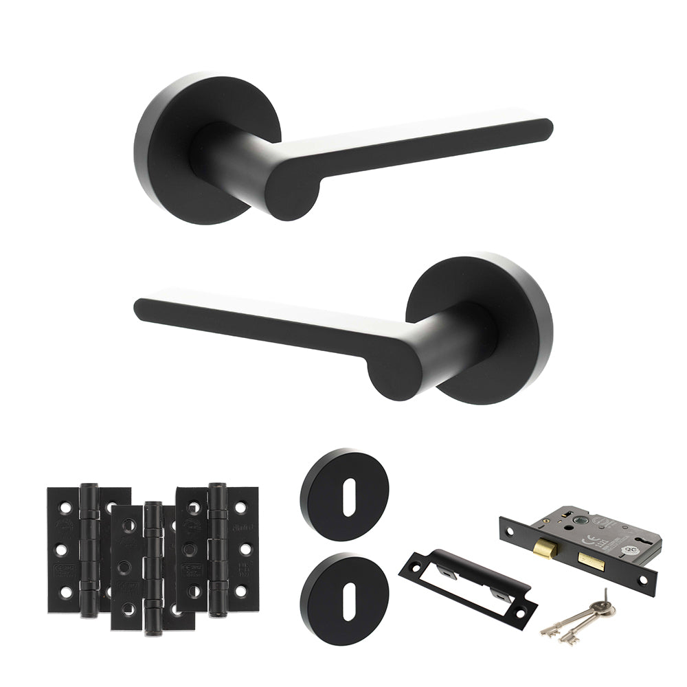 Quality image of Senza Pari Darrio Door Handle Pack (3 Lever Lock Set - 3" CE Sashlock, 3" Fire Rated Hinges x3) - Matt Black | Sku. adpspro218mb15 | available from Trade Door Handles.