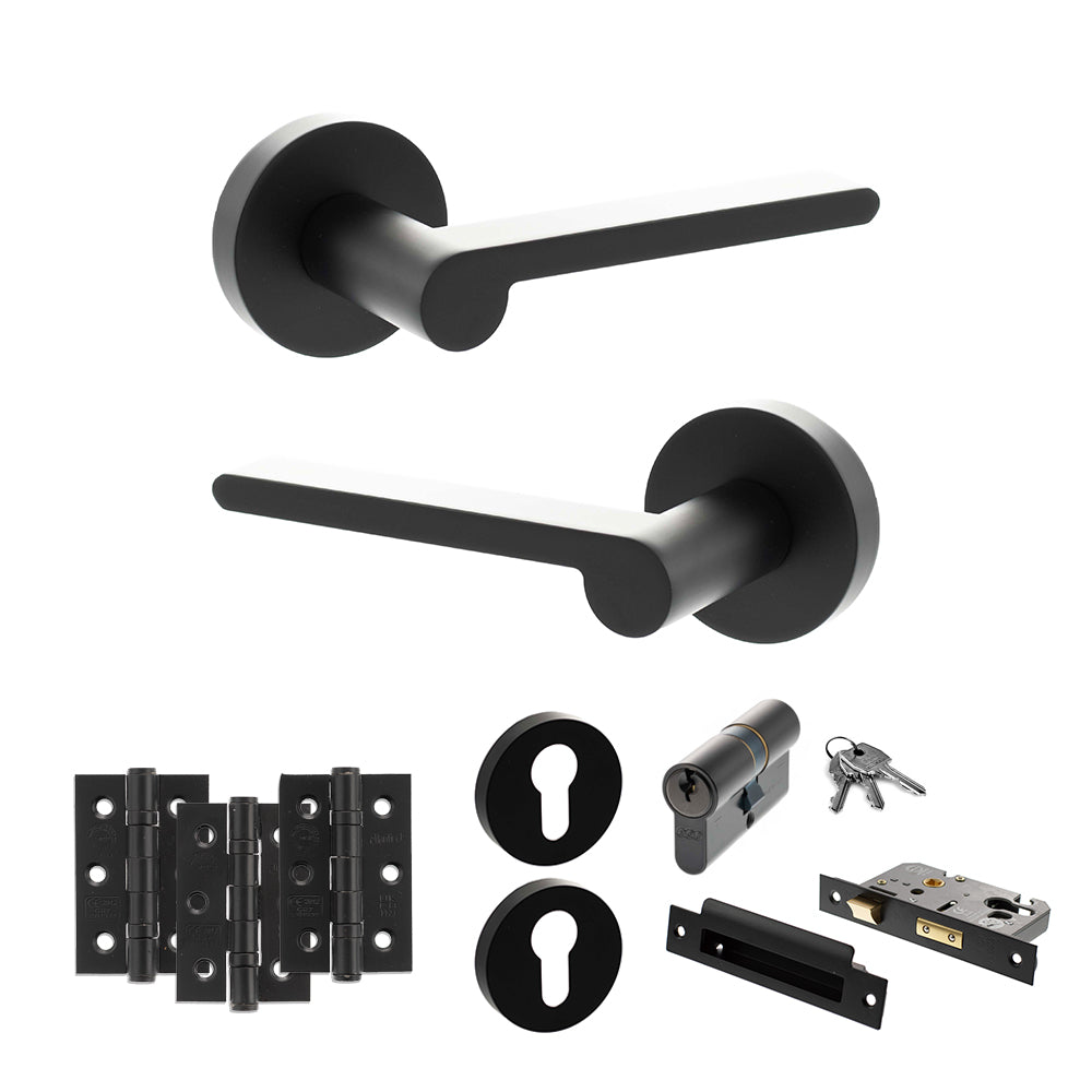Quality image of Senza Pari Darrio Door Handle Pack (Euro Lock Set - 2.5" CE Sashlock, 3" Fire Rated Hinges x3) - Matt Black | Sku. adpspro218mb20 | available from Trade Door Handles.