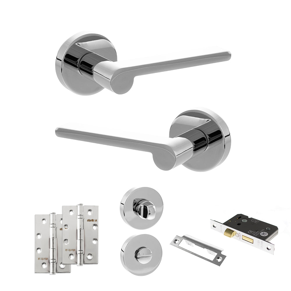 Quality image of Senza Pari Darrio Door Handle Pack (Bathroom Set - 3" CE Bathroom Lock, 4" Slim Knuckle Hinges x2) - Polished Chrome | Sku. adpspro218pc13 | available from Trade Door Handles.