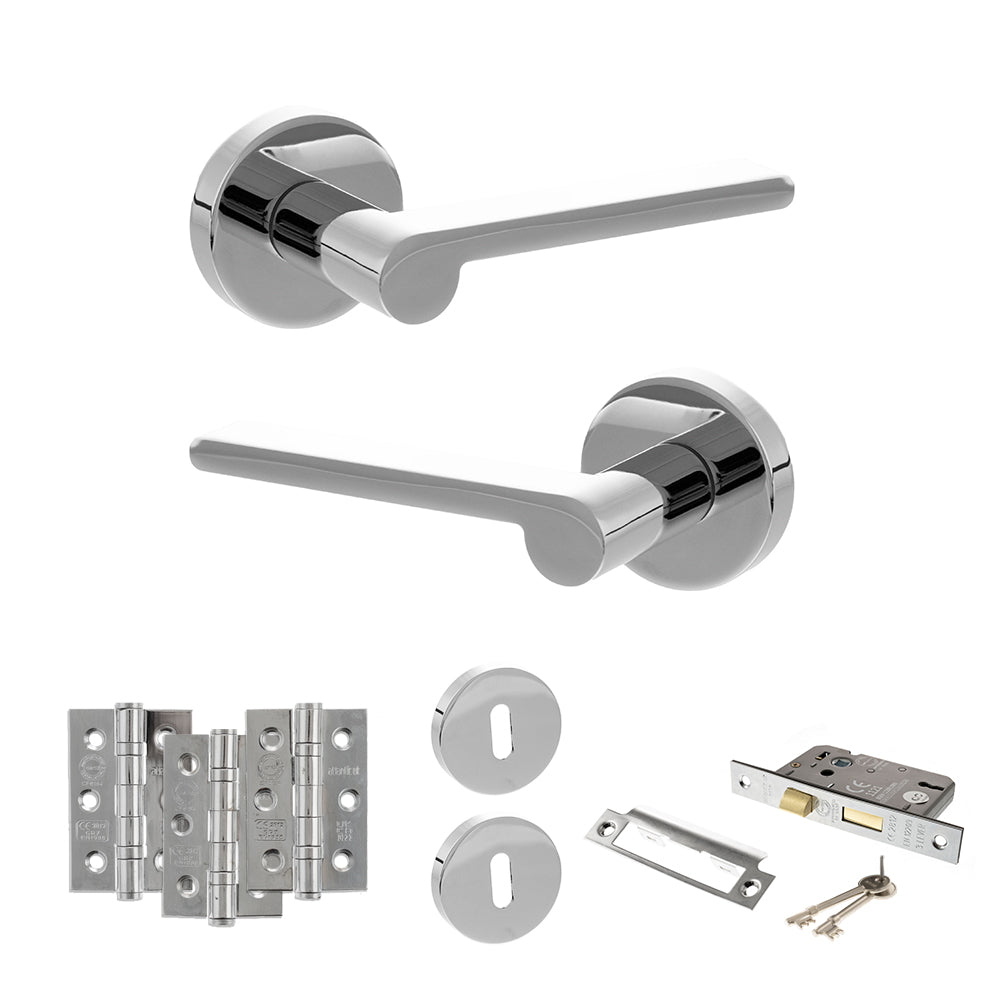 Quality image of Senza Pari Darrio Door Handle Pack (3 Lever Lock Set - 3" CE Sashlock, 3" Fire Rated Hinges x3) - Polished Chrome | Sku. adpspro218pc15 | available from Trade Door Handles.