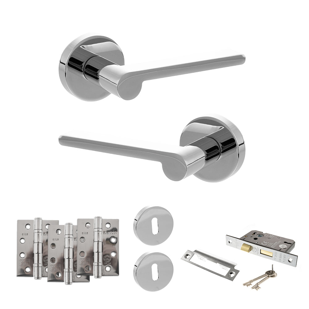 Quality image of Senza Pari Darrio Door Handle Pack (3 Lever Lock Set - 2.5" CE Sashlock, 4" Fire Rated Hinges x3) - Polished Chrome | Sku. adpspro218pc16 | available from Trade Door Handles.