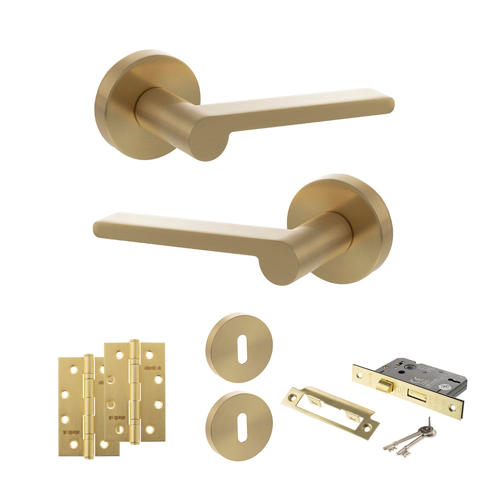 Quality image of Senza Pari Darrio Door Handle Pack (3 Lever Lock Set - 3" CE Sashlock, 4" Slim Knuckle Hinges x2) - Satin Brass | Sku. adpspro218sb19 | available from Trade Door Handles.