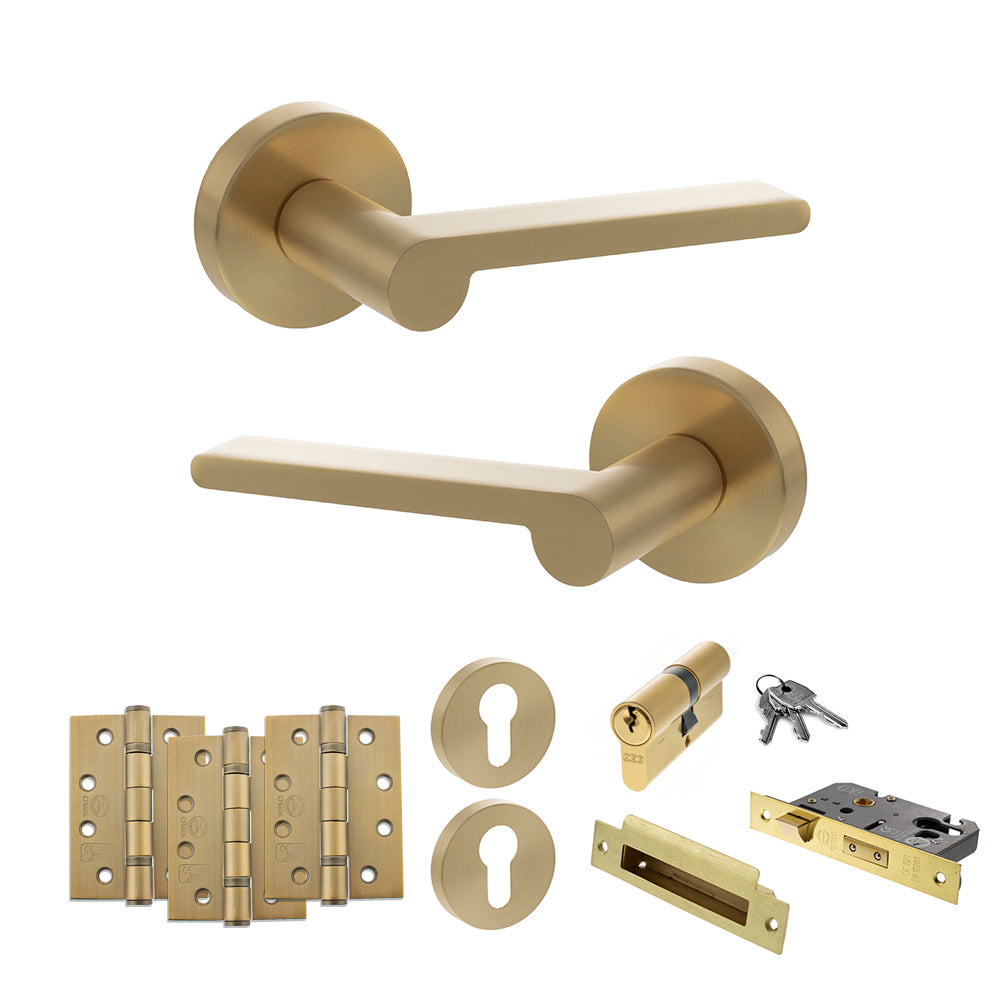 Quality image of Senza Pari Darrio Door Handle Pack (Euro Lock Set - 3" CE Sashlock, 4" Fire Rated Hinges x3) - Satin Brass | Sku. adpspro218sb23 | available from Trade Door Handles.
