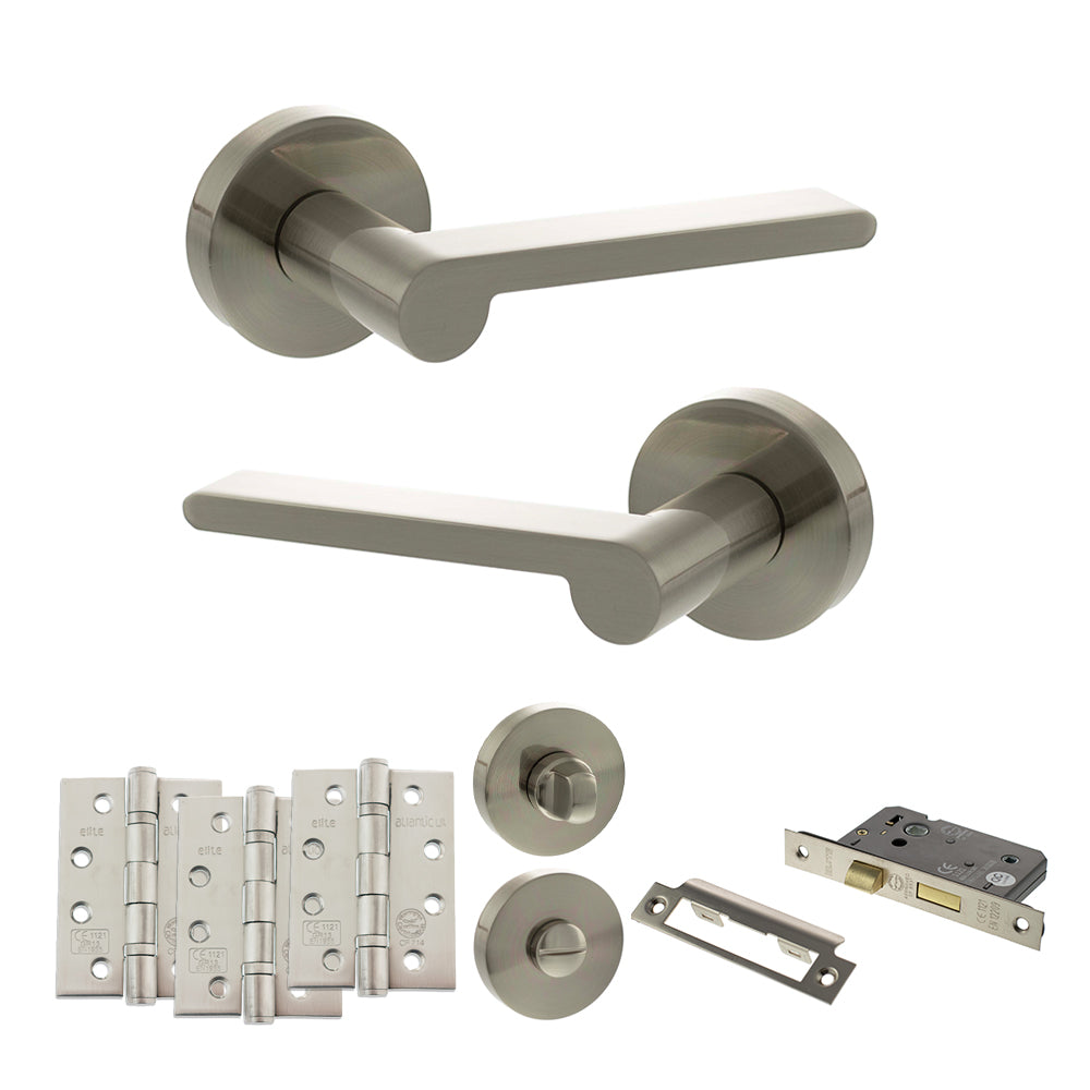 Quality image of Senza Pari Darrio Door Handle Pack (Bathroom Set - 3" CE Bathroom Lock, 4" Fire Rated Hinges x3) - Satin Nickel | Sku. adpspro218sn11 | available from Trade Door Handles.