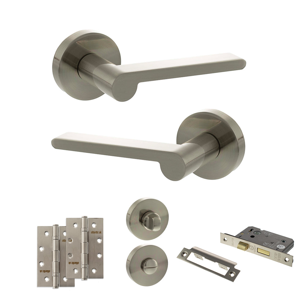 Quality image of Senza Pari Darrio Door Handle Pack (Bathroom Set - 3" CE Bathroom Lock, 4" Slim Knuckle Hinges x2) - Satin Nickel | Sku. adpspro218sn13 | available from Trade Door Handles.