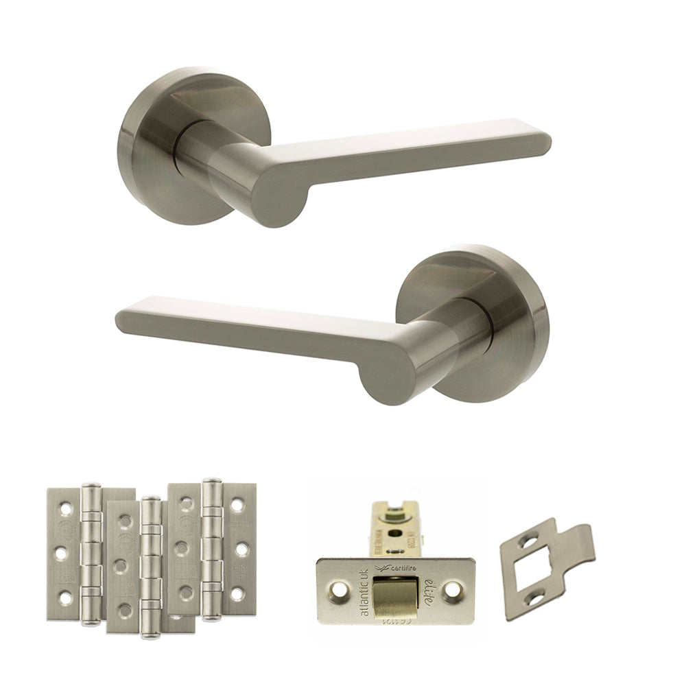 Quality image of Senza Pari Darrio Door Handle Pack (Latch Set - 3" CE Latch, 3" Fire Rated Hinges x3) - Satin Nickel | Sku. adpspro218sn2 | available from Trade Door Handles.