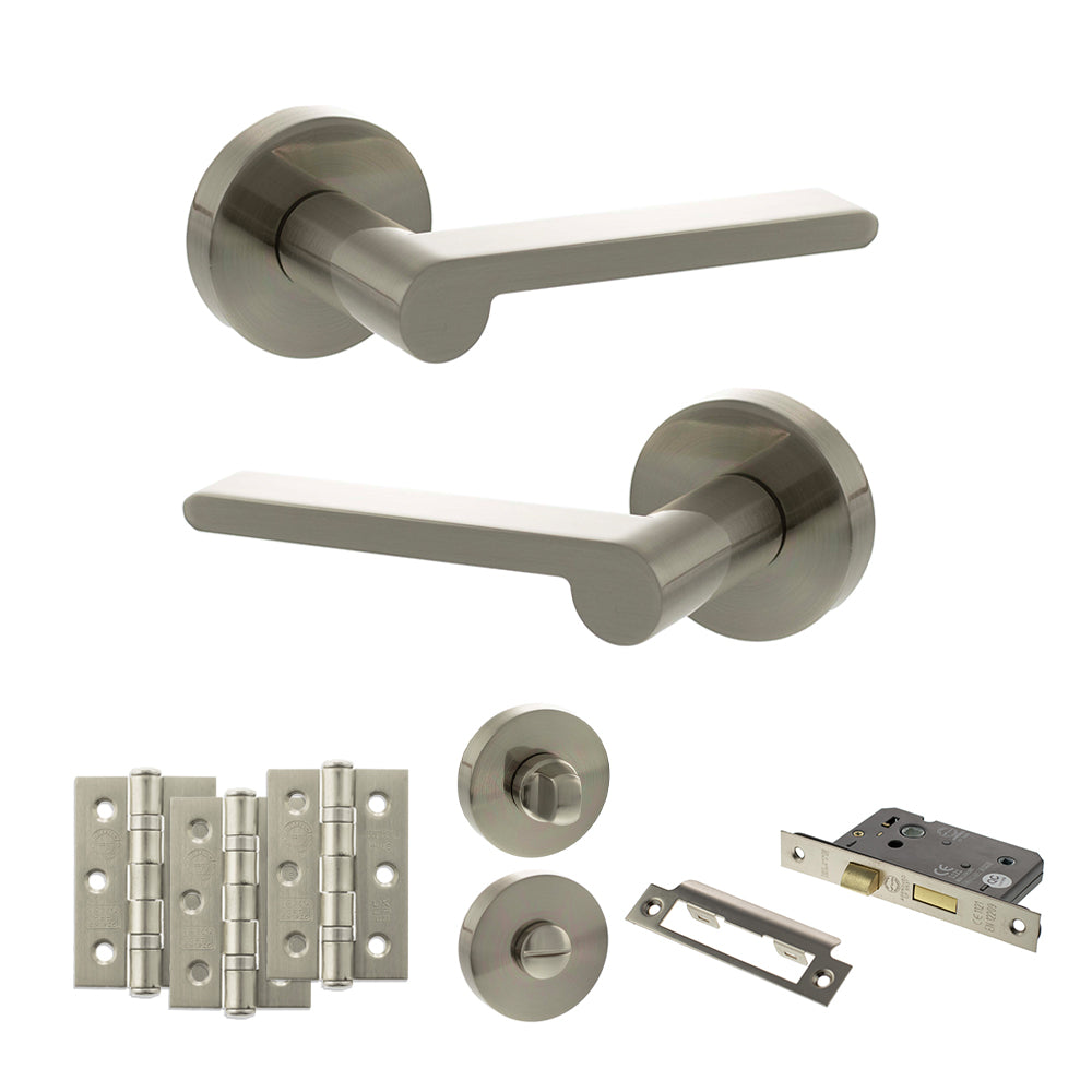 Quality image of Senza Pari Darrio Door Handle Pack (Bathroom Set - 2.5" CE Bathroom Lock, 3" Fire Rated Hinges x3) - Satin Nickel | Sku. adpspro218sn8 | available from Trade Door Handles.