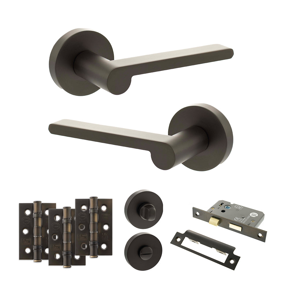 Quality image of Senza Pari Darrio Door Handle Pack (Bathroom Set - 2.5" CE Bathroom Lock, 3" Fire Rated Hinges x3) - Urban Dark Bronze | Sku. adpspro218udb8 | available from Trade Door Handles.