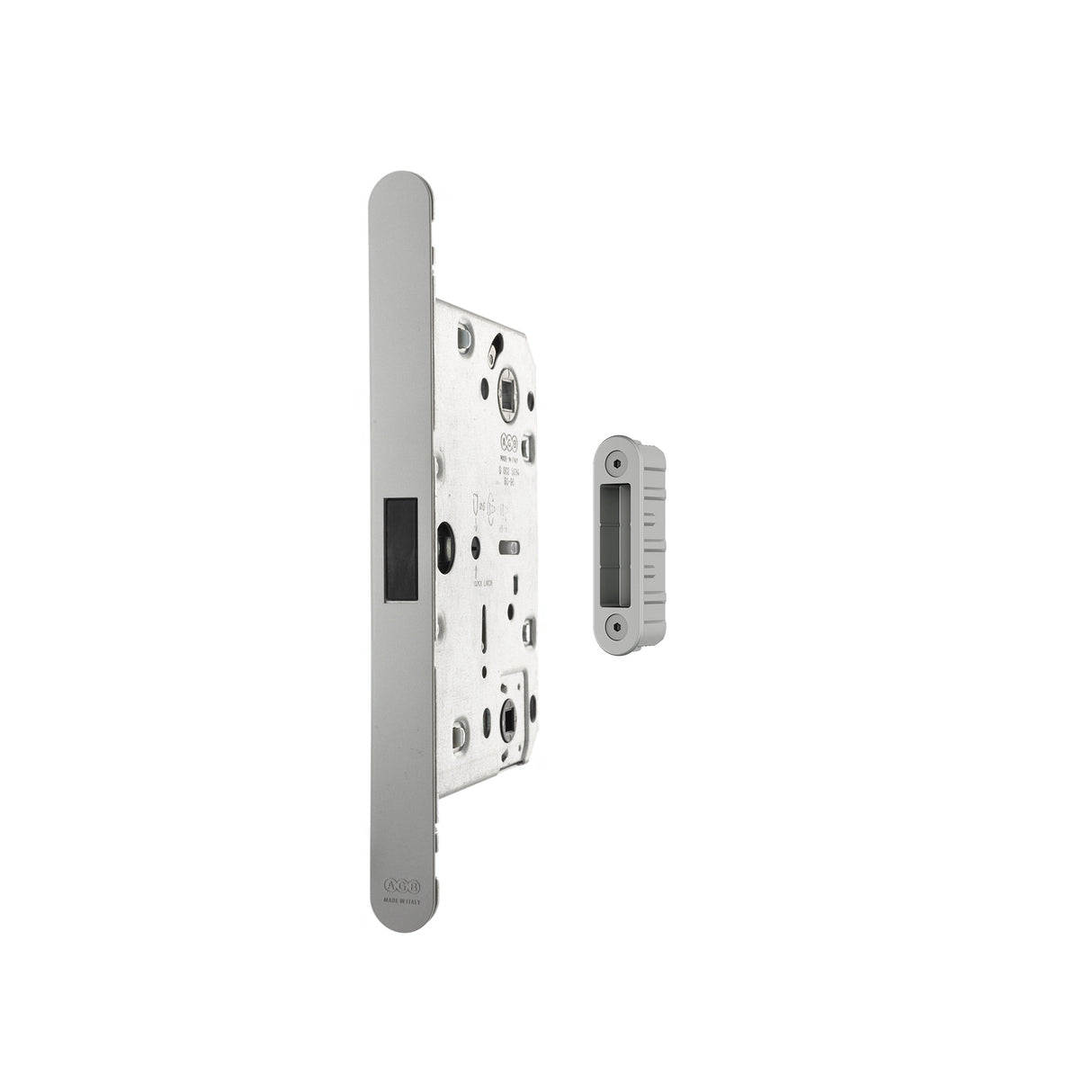 Quality image of AGB Revolution XT Magnetic Bathroom Lock 60mm backset with strike plates for ALU doors - Satin Chrome | Sku. agbmlwcsc-alu | available from Trade Door Handles.