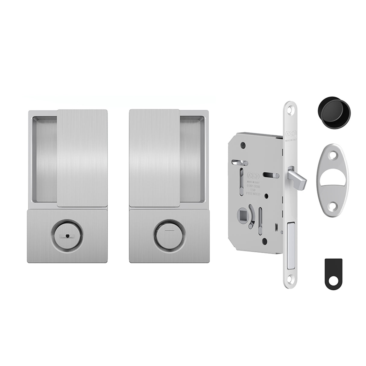 Quality image of AGB Wave Flush Pocket Door Handle & Bathroom Lock Set - Satin Chrome | Sku. agbwbpdsc | available from Trade Door Handles.