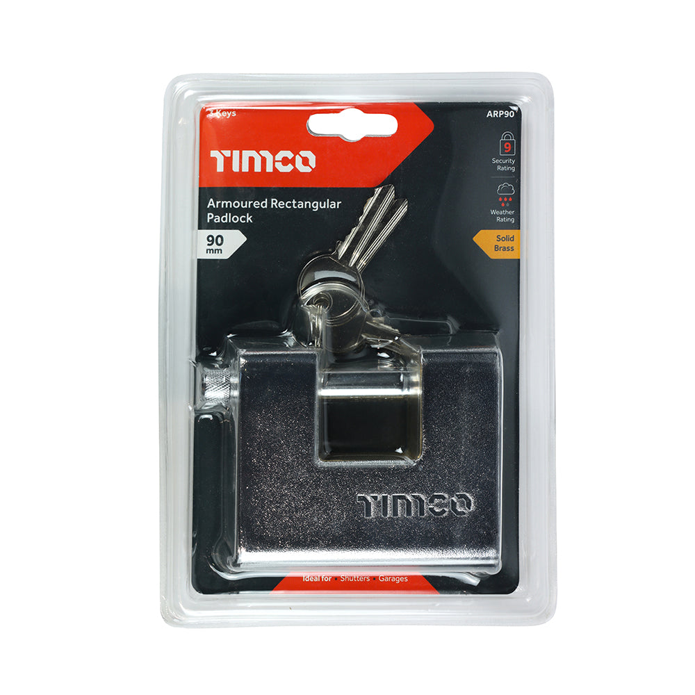 This is an image of Timco - Armoured Rectangular Padlock 90mm (1 Each Backing Card) ARP90