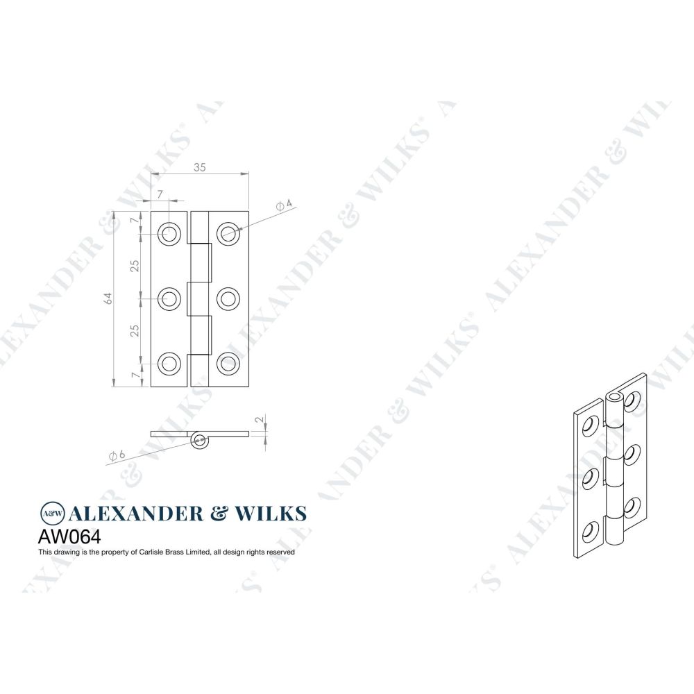 Line technical drawing image of Alexander & Wilks Heavy Pattern Solid Brass Cabinet Butt Hinge - Dark Bronze - 2.5" | Sku. aw064-ch-dbz | Trade Door Handles.