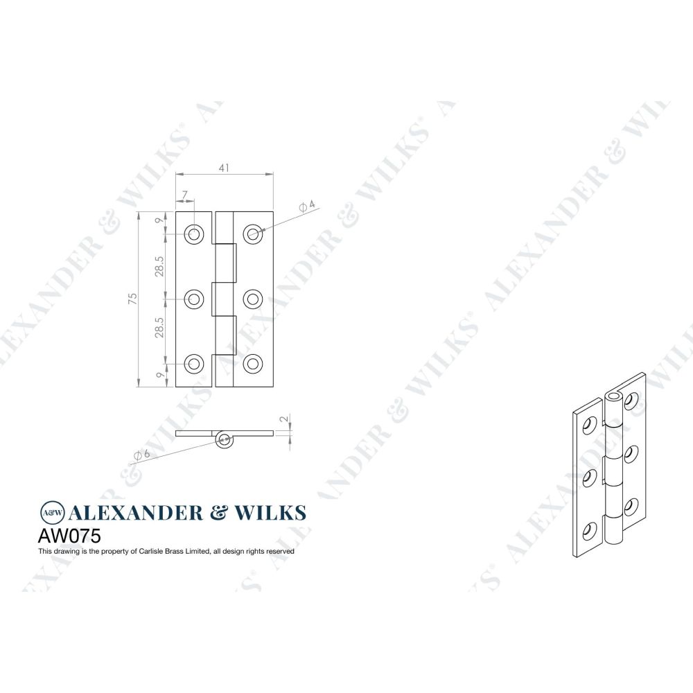Line technical drawing image of Alexander & Wilks Heavy Pattern Solid Brass Cabinet Butt Hinge - Polished Brass - 3" | Sku. aw075-ch-pb | Trade Door Handles.