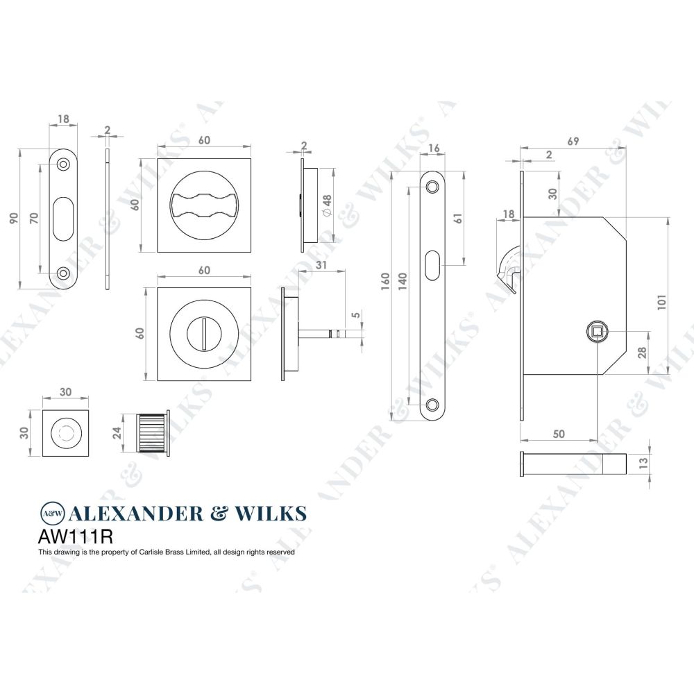 Line technical drawing image of Alexander & Wilks - Sliding Door Lock Set - Square Roses - Radius Forend & Strike-Antique Brass | Sku. aw111rab | Trade Door Handles.